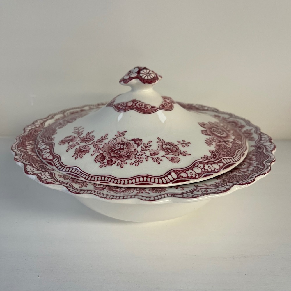 Crown‎ Ducal Bristol Pink Red Transferware Covered Tureen Serving Bowl England